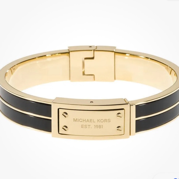 Micheal Kors Gold w Black Enamel Hinge Logo Statement Runway Screw Bracelet - Picture 1 of 13